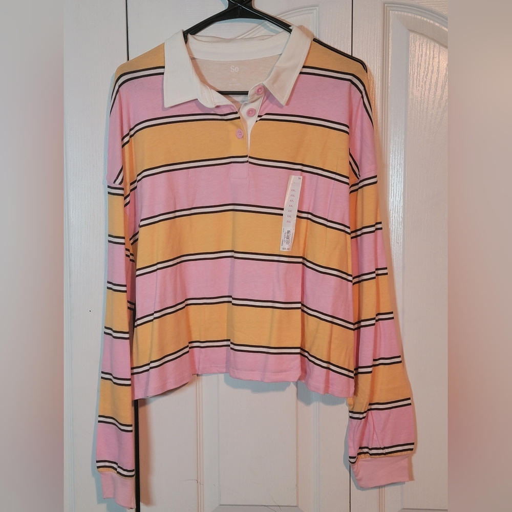 SO Striped Pink and Orange Long Sleeve Polo Shirt NWT